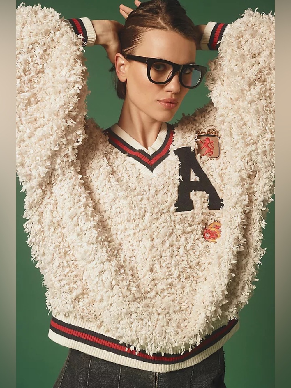 Eva Franco Anthropologie Varsity PullOver Sweatshirt Ivory Sz S